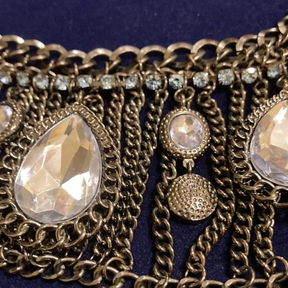 Gunmetal and blue rhinestone with faceted faux crystals statement necklace